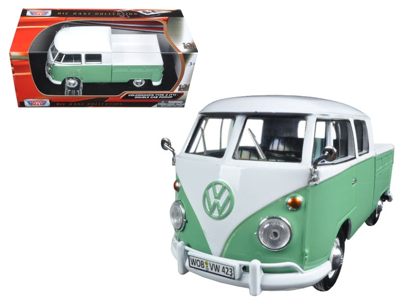 Volkswagen Type 2 (T1) Double Cab Pickup Truck White and Green 1/24 Diecast Model Car by Motormax