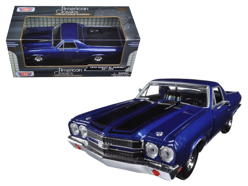 1970 Chevrolet El Camino SS 396 Dark Blue Metallic with Black Stripes 1/24 Diecast Model Car by Motormax