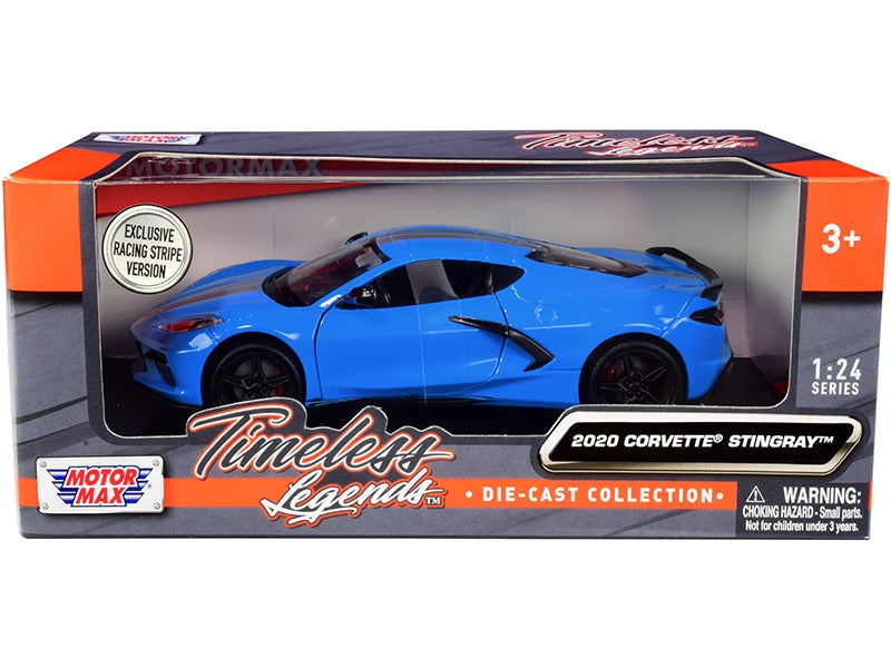 2020 Chevrolet Corvette C8 Stingray Blue with Silver Racing Stripes "Timeless Legends" 1/24 Diecast Model Car by Motormax