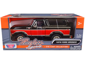 1978 Ford Bronco Ranger XLT with Spare Tire Black and Red "Timeless Legends" Series 1/24 Diecast Model Car by Motormax