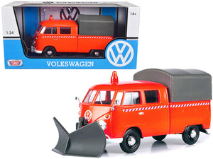 Volkswagen Type 2 (T1) Pickup Truck Orange with Snow Plow and Camper Shell 1/24 Diecast Model Car by Motormax