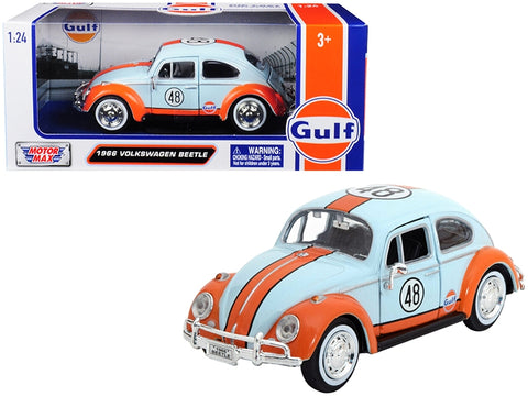 1966 Volkswagen Beetle #48 with "Gulf" Livery Light Blue with Orange Stripe 1/24 Diecast Model Car by Motormax