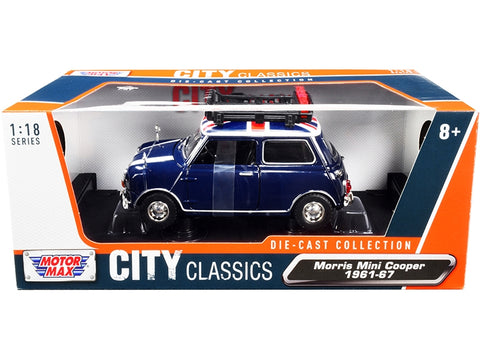 1961-1967 Morris Mini Cooper RHD (Right Hand Drive) Dark Blue with British Flag on the Top and Roof Rack "City Classics" Series 1/18 Diecast Model Car by Motormax