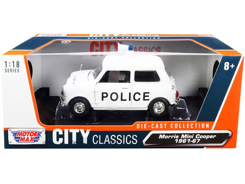 1961-1967 Morris Mini Cooper RHD (Right Hand Drive) "Police" White "City Classics" Series 1/18 Diecast Model Car by Motormax