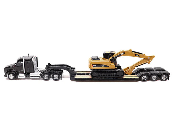 Kenworth T880 SBFS Sleeper Tandem Tractor Black with Lowboy Trailer and CAT 320D L Hydraulic Excavator Yellow 1/87 (HO) Diecast Model by Diecast Masters