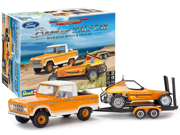Level 5 Model Kit Ford Bronco Half Cab with Dune Buggy and Flatbed Trailer 1/25 Scale Model by Revell