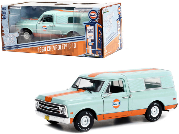 1968 Chevrolet C-10 Pickup Truck Light Blue with Orange Stripes with Camper Shell "Gulf Oil" "Running on Empty" Series 5 1/24 Diecast Model Car by Greenlight