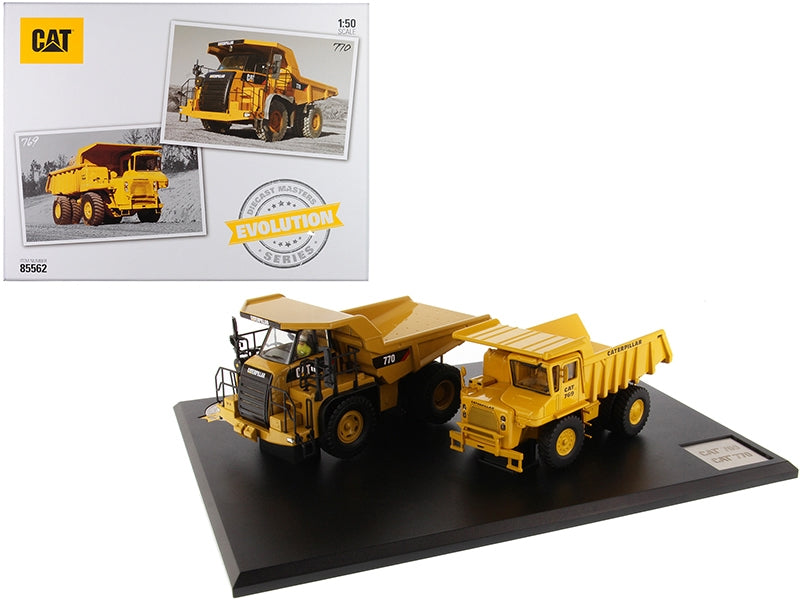 CAT Caterpillar 769 Off-Highway Truck (1963-2006) and CAT Caterpillar 770 Off-Highway Truck (2007-Present) with Operators "Evolution Series" Set of 2 pieces 1/50 Diecast Models by Diecast Masters