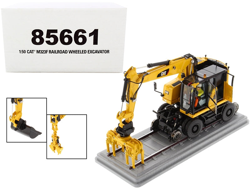 CAT Caterpillar M323F Railroad Wheeled Excavator with Operator and 3 Work Tools Safety Yellow Version "High Line Series" 1/50 Diecast Model by Diecast Masters