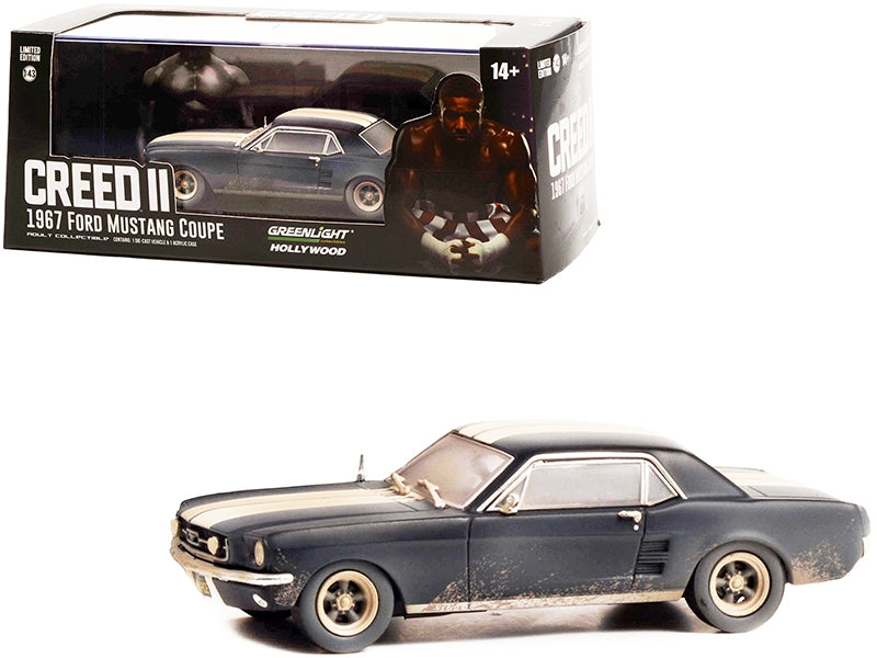 1967 Ford Mustang Coupe Matt Black with White Stripes (Weathered) (Adonis Creed's) "Creed II" (2018) Movie 1/43 Diecast Model Car by Greenlight