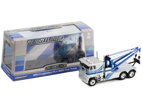 1984 Freightliner FLA 9664 Tow Truck Silver with Blue Stripes 1/43 Diecast Model Car by Greenlight