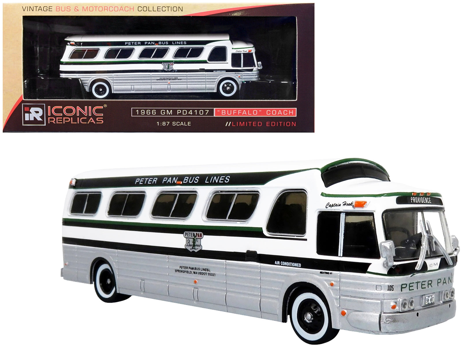 1966 GM PD4107 "Buffalo" Coach Bus "Peter Pan Bus Lines" Destination: "Providence" (Rhode Island) "Vintage Bus & Motorcoach Collection" 1/87 Diecast Model by Iconic Replicas