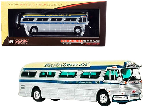 1959 GM PD4104 Motorcoach Bus "S. Paulo - Rio" "Viacao Cometa S.A." (Brazil) Silver and Cream with Blue Stripes "Vintage Bus & Motorcoach Collection" 1/87 (HO) Diecast Model by Iconic Replicas