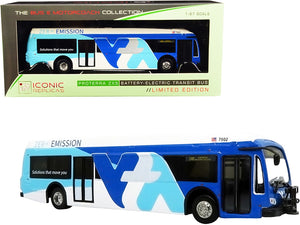 Proterra ZX5 Battery-Electric Transit Bus #140 Express "Mission College" Santa Clara Valley (California) White and Blue "The Bus & Motorcoach Collection" 1/87 (HO) Diecast Model by Iconic Replicas