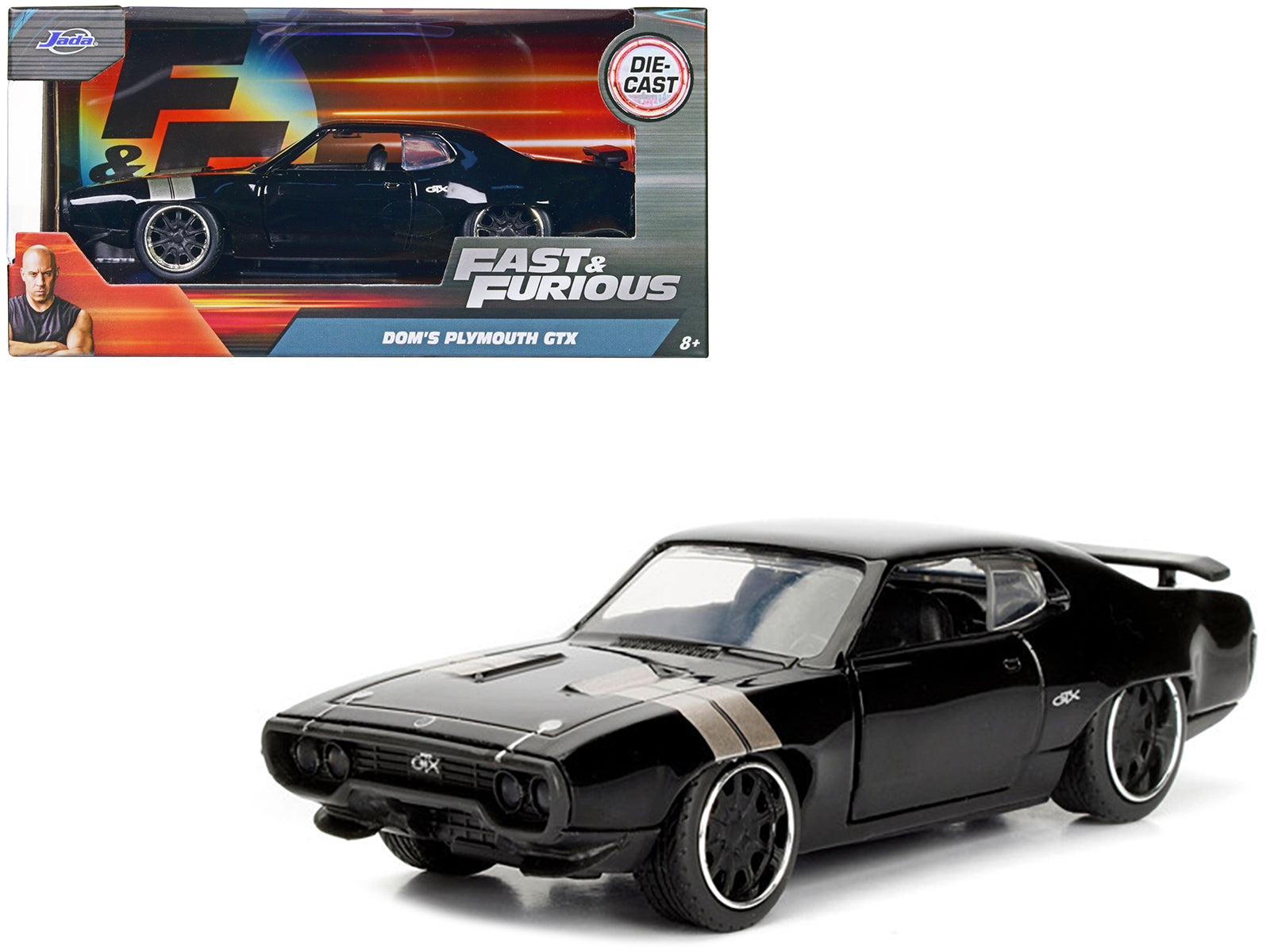 Dom's Plymouth GTX Black with Silver Stripes Fast & Furious F8 "The Fate of the Furious" Movie 1/32 Diecast Model Car by Jada