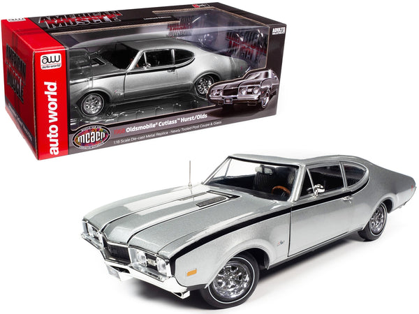 1968 Oldsmobile Cutlass "Hurst" Peruvian Silver Metallic with Black Stripes "Muscle Car & Corvette Nationals" (MCACN) 1/18 Diecast Model Car by Auto World