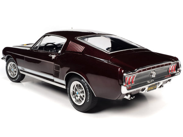 1967 Ford Mustang GT 2+2 Burgundy Metallic with White Side Stripes "American Muscle" Series 1/18 Diecast Model Car by Auto World