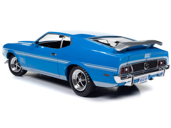1972 Ford Mustang Mach 1 Grabber Blue with Silver Stripes "American Muscle" Series 1/18 Diecast Model Car by Auto World