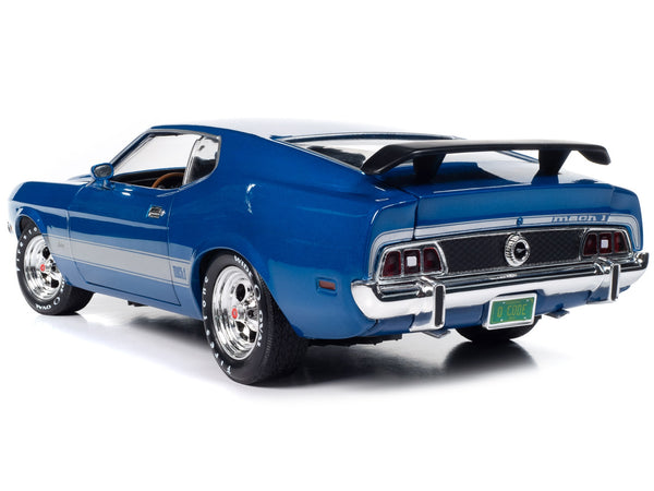 1973 Ford Mustang Mach 1 3K Blue Glow Metallic with Silver Stripes "Class of 1973" "American Muscle" Series 1/18 Diecast Model Car by Auto World
