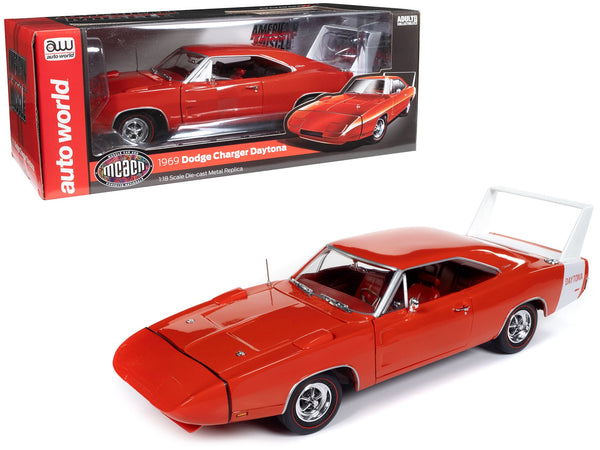 1969 Dodge Charger Daytona Red with White Tail Stripe and Red Interior "Muscle Car & Corvette Nationals" (MCACN) "American Muscle" Series 1/18 Diecast Model Car by Auto World