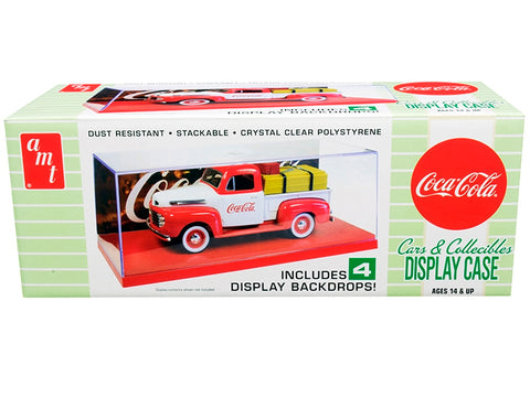 Collectible Display Show Case with Red Display Base and 4 "Coca-Cola" Display Backdrops for 1/24-1/25 Scale Model Cars and Model Kits by AMT