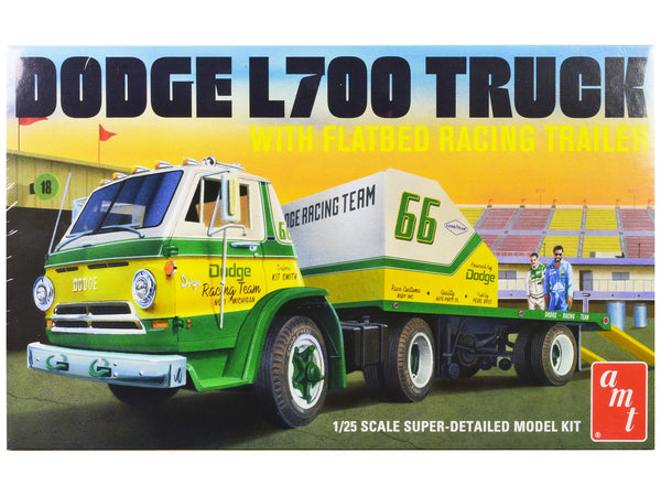 Skill 3 Model Kit 1966 Dodge L700 Truck with Flatbed Racing Trailer 1/25 Scale Model by AMT