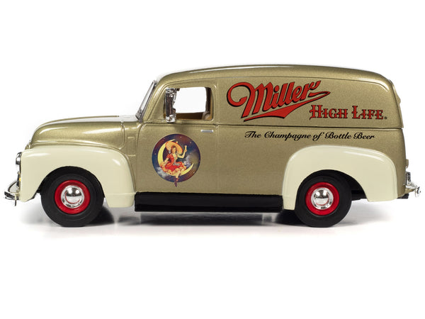 1951 GMC Sedan Delivery Gold Metallic and Beige "Miller High Life" and "Miller Girl in the Moon" Resin Figure 1/25 Diecast Model Car by Auto World