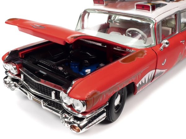 1959 Cadillac Eldorado Ambulance Red with White Top "Malibu Beach Rescue" (Weathered) with Surfboards on Roof "Surf Shark" 1/18 Diecast Model Car by Auto World