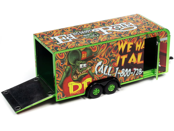 4-Wheel Enclosed Car Trailer Green with Graphics "Rat Fink: We Haul it All!" 1/64 Diecast Model by Auto World