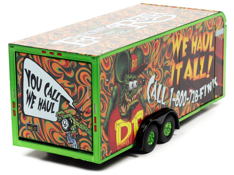 4-Wheel Enclosed Car Trailer Green with Graphics "Rat Fink: We Haul it All!" 1/64 Diecast Model by Auto World
