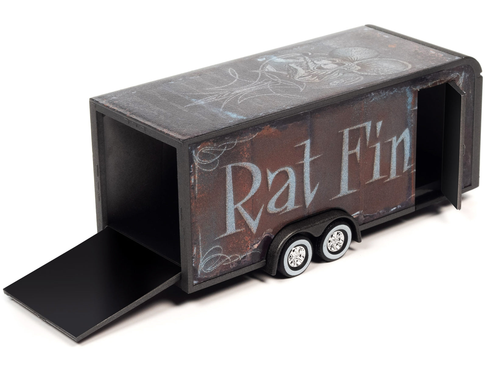 4-Wheel Enclosed Car Trailer Dark Gray with Graphics "Rat Fink" 1/64 Diecast Model by Auto World