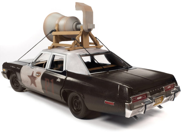 1974 Dodge Monaco "Bluesmobile" with Loud Speaker Black and White (Dirty) with Jake and Elwood Blues Figures "The Blues Brothers" (1980) Movie 1/18 Diecast Model Car by Auto World