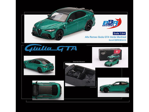 Alfa Romeo Giulia GTA Verde Montreal Green Metallic with Carbon Top 1/64 Diecast Model Car by BBR