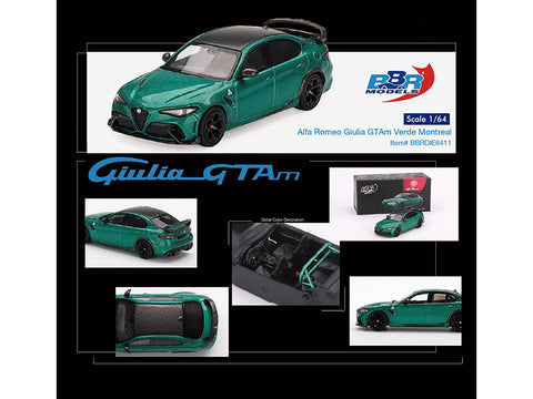 Alfa Romeo Giulia GTAm Verde Montreal Green Metallic with Carbon Top 1/64 Diecast Model Car by BBR