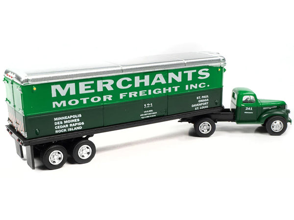 1941-1946 Chevrolet Truck and Trailer Set "Merchants Motor Freight Inc." Green and Dark Green 1/87 (HO) Scale Model by Classic Metal Works