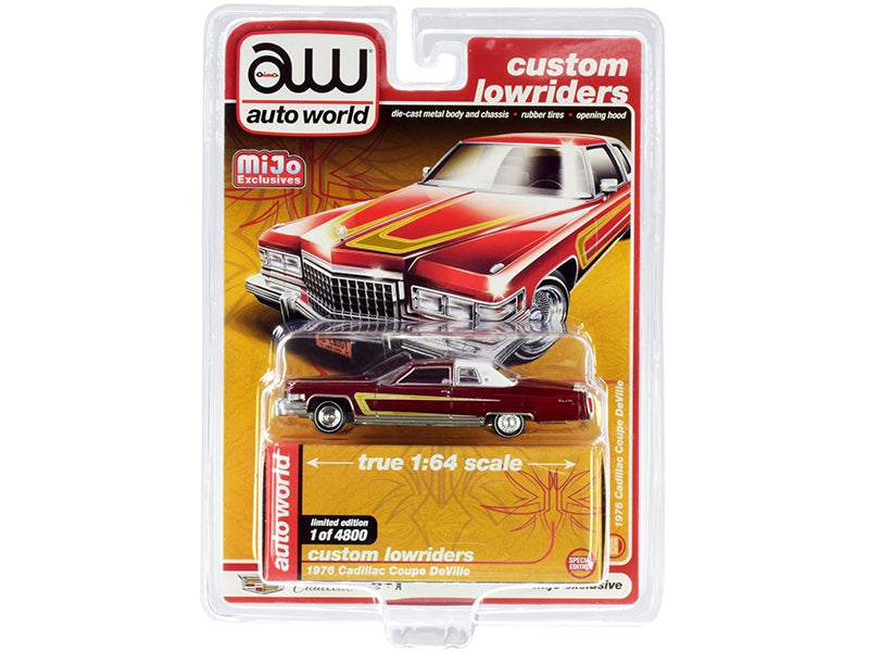 1976 Cadillac Coupe DeVille Burgundy and White with Chrome Wheels "Custom Lowriders" Limited Edition to 4800 pieces Worldwide 1/64 Diecast Model Car by Auto World