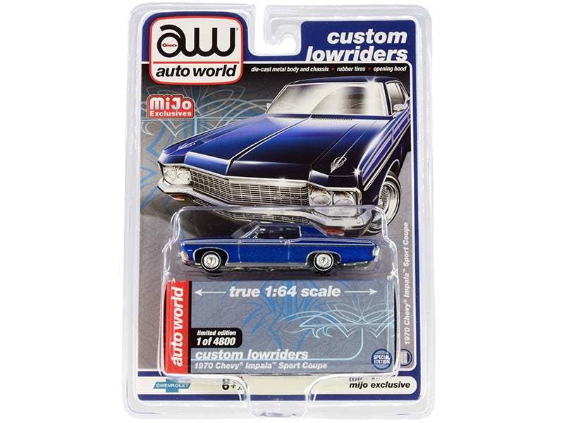 1970 Chevrolet Impala Sport Coupe Blue Metallic "Custom Lowriders" Limited Edition to 4800 pieces Worldwide 1/64 Diecast Model Car by Auto World