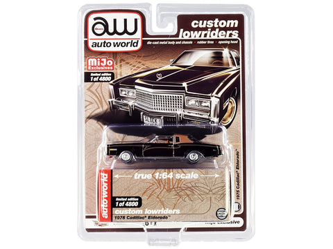 1975 Cadillac Eldorado Black with Brown (Partial) Vinyl Top "Custom Lowriders" Limited Edition to 4800 pieces Worldwide 1/64 Diecast Model Car by Auto World