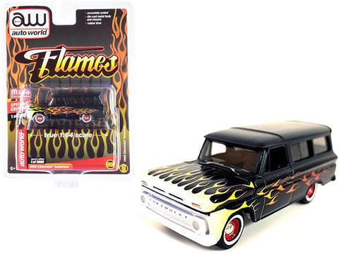 1965 Chevrolet Suburban Custom Matt Black with Flames Limited Edition to 3600 pieces Worldwide 1/64 Diecast Model Car by Auto World