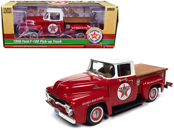 1956 Ford F-100 Pickup Truck Red with White Top "Texaco Reliable Road Service" "Vintage Fuel" Series 1/24 Diecast Model Car by Auto World