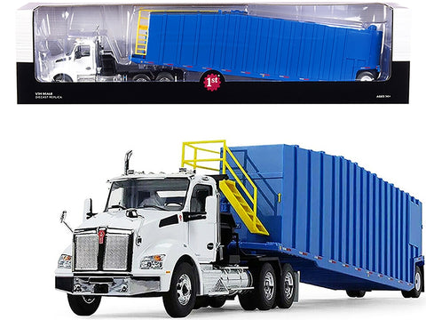 Kenworth T880 Winch Truck with Pinnacle Frac Tank Trailer White and Light Grabber Blue 1/34 Diecast Model by First Gear