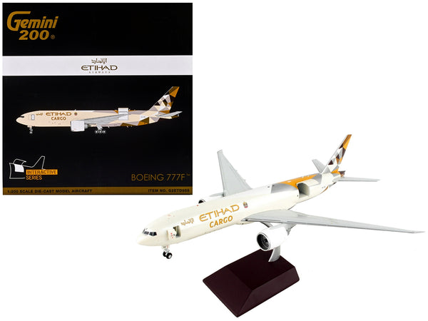 Boeing 777F Commercial Aircraft "Etihad Airways Cargo" Beige with Tail Graphics "Gemini 200 - Interactive" Series 1/200 Diecast Model Airplane by GeminiJets