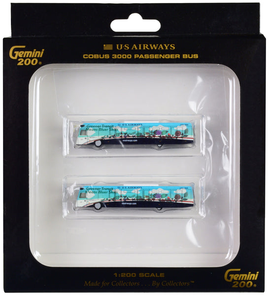 Cobus 3000 Passenger Bus White and Blue with Graphics "US Airways Shuttle Bus - Greener Transit" 2 Piece Set "Gemini 200" Series 1/200 Diecast Models by GeminiJets