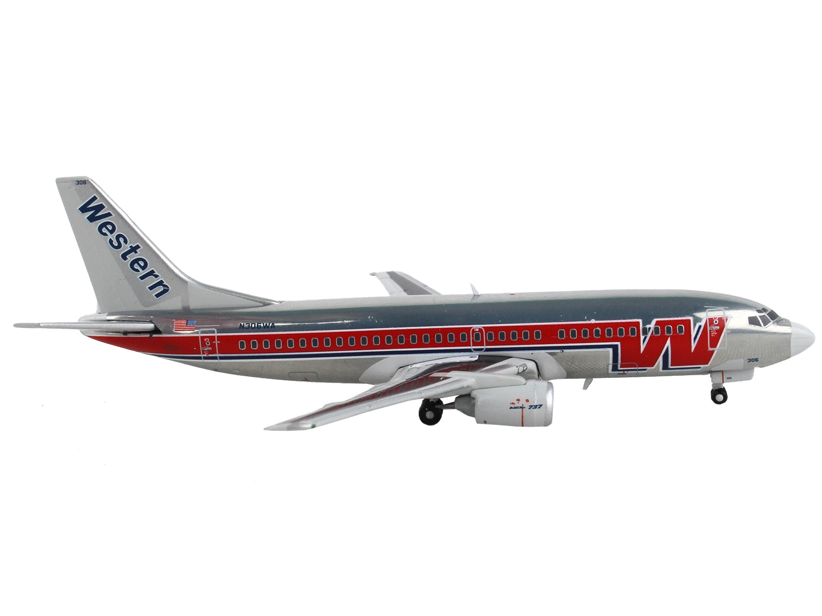 Boeing 737-300 Commercial Aircraft "Western Airlines" Silver with Red Stripes 1/400 Diecast Model Airplane by GeminiJets