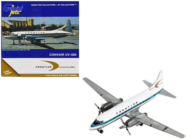 Convair CV-580 Commercial Aircraft "Frontier Airlines" White with Teal Stripes 1/400 Diecast Model Airplane by GeminiJets