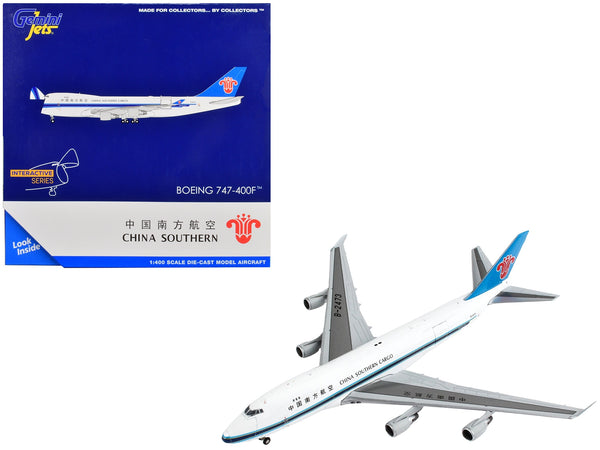 Boeing 747-400F Commercial Aircraft "China Southern Cargo" White with Black Stripes and Blue Tail "Interactive Series" 1/400 Diecast Model Airplane by GeminiJets