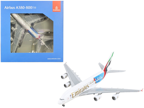 Airbus A380-800 Commercial Aircraft "Emirates Airlines - 2023 Rugby World Cup Sponsor" White with Striped Tail 1/400 Diecast Model Airplane by GeminiJets