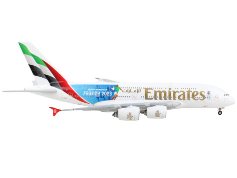 Airbus A380-800 Commercial Aircraft "Emirates Airlines - 2023 Rugby World Cup Sponsor" White with Striped Tail 1/400 Diecast Model Airplane by GeminiJets