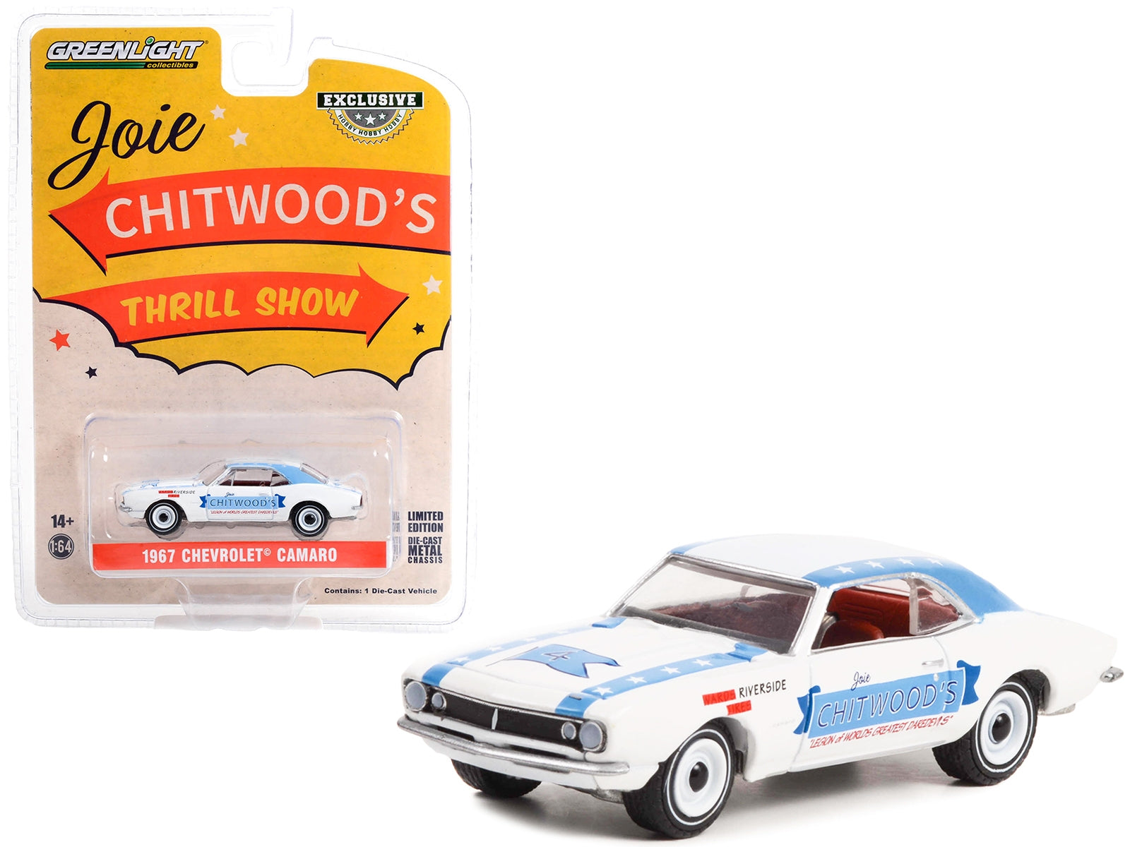 1967 Chevrolet Camaro White with Blue Stripes "Joie Chitwood's Thrill Show: Legion of Worlds Greatest Daredevils" "Hobby Exclusive" Series 1/64 Diecast Model Car by Greenlight