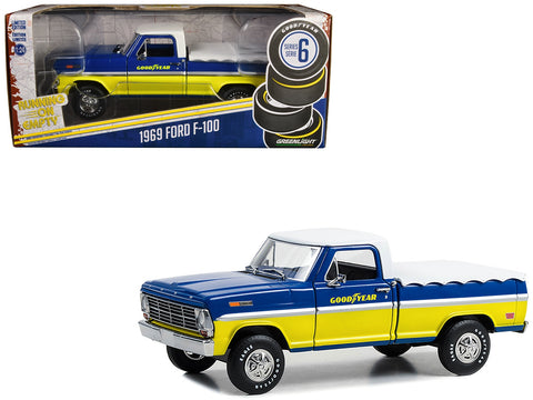 1969 Ford F-100 Pickup Truck Blue and Yellow with White Top and Bed Cover "Goodyear Tires" "Running on Empty" Series 6 1/24 Diecast Model Car by Greenlight